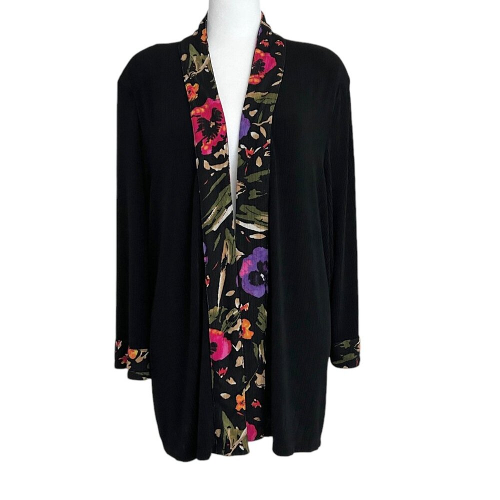 TanJay Black Open Front‎ Cardigan Multicolor Floral Trim Detailing (L)